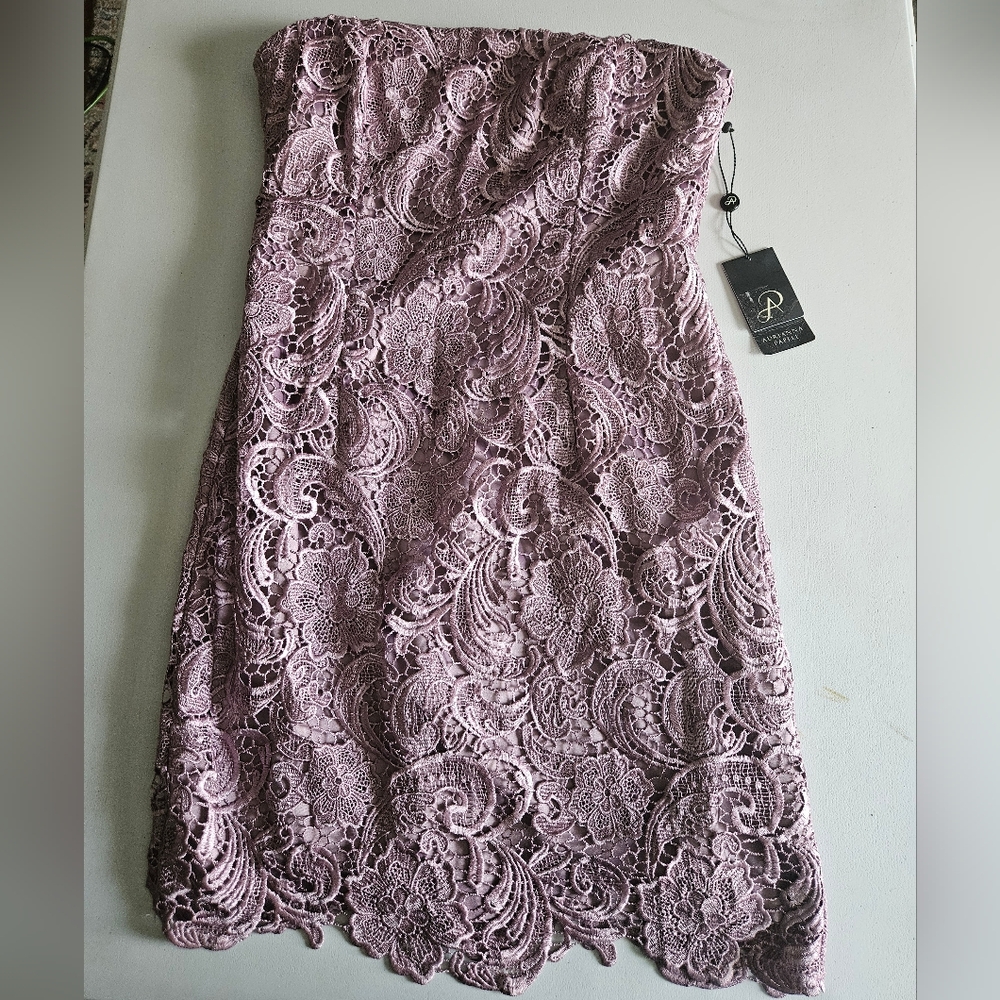 Adrianna Papell Mauve Strapless Lace Sheath Dress